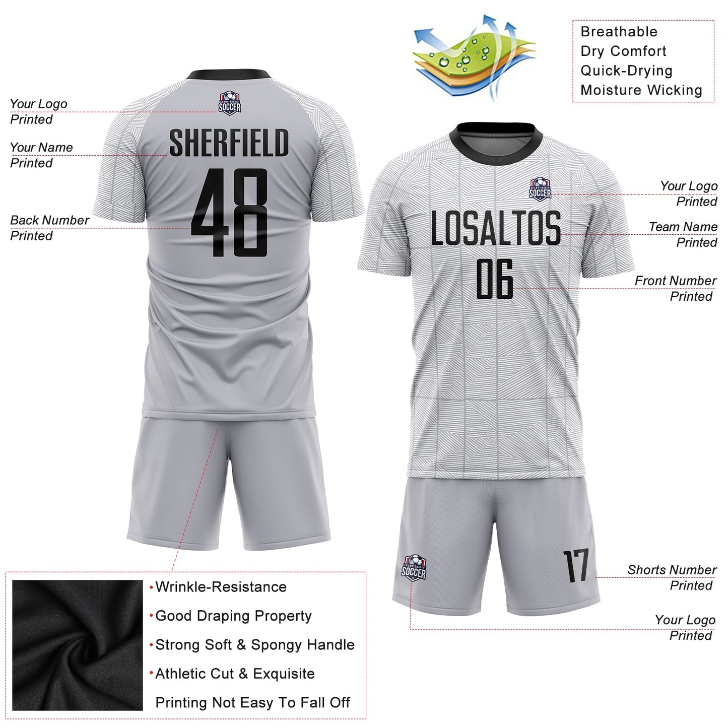 Custom Gray Black-White Sublimation Soccer Uniform Jersey Limited