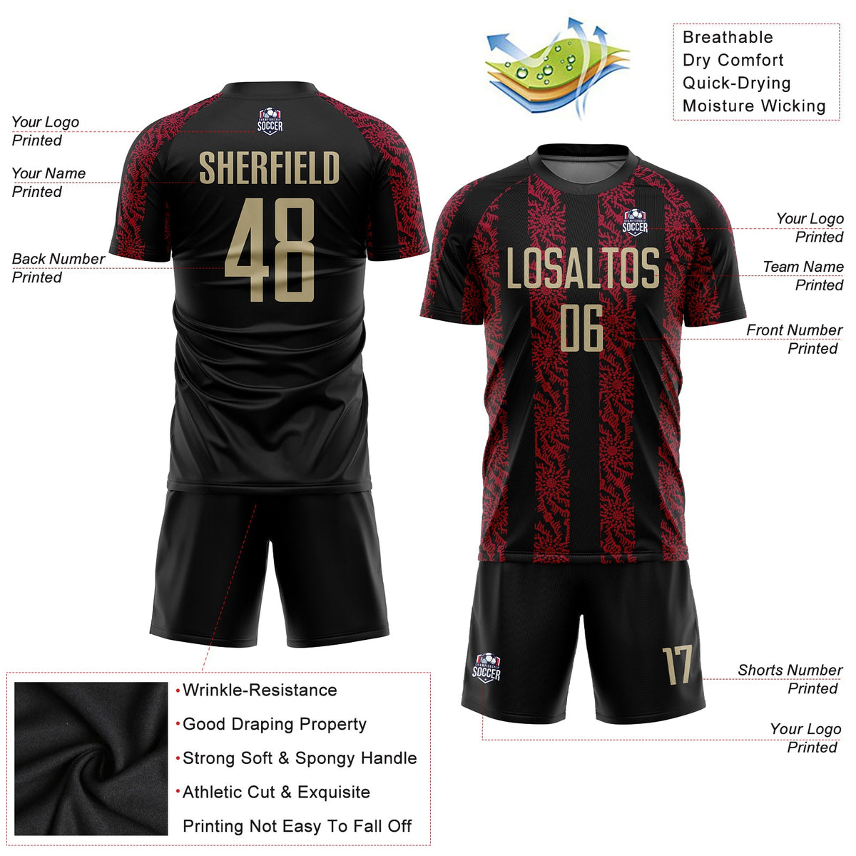 Custom Black Vegas Gold-Red Sublimation Soccer Uniform Jersey Limited