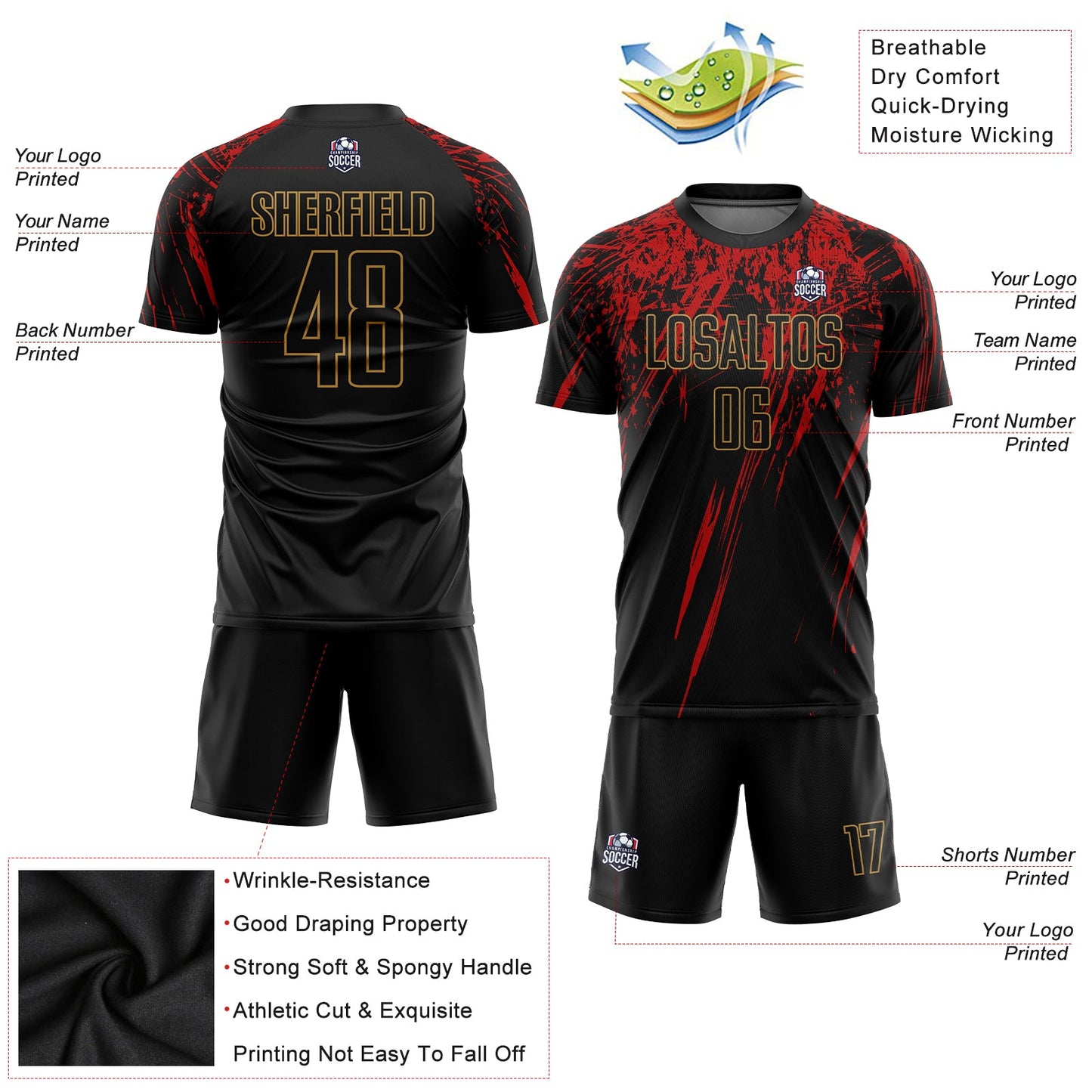 Custom Black Black Old Gold-Red Sublimation Soccer Uniform Jersey Limited