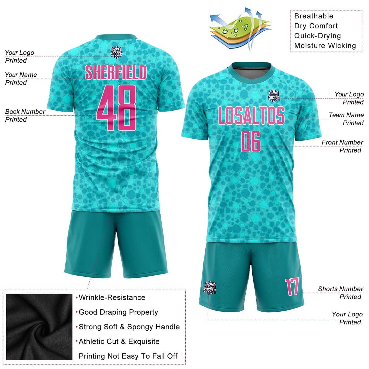 Custom Aqua Pink-White Sublimation Soccer Uniform Jersey Limited