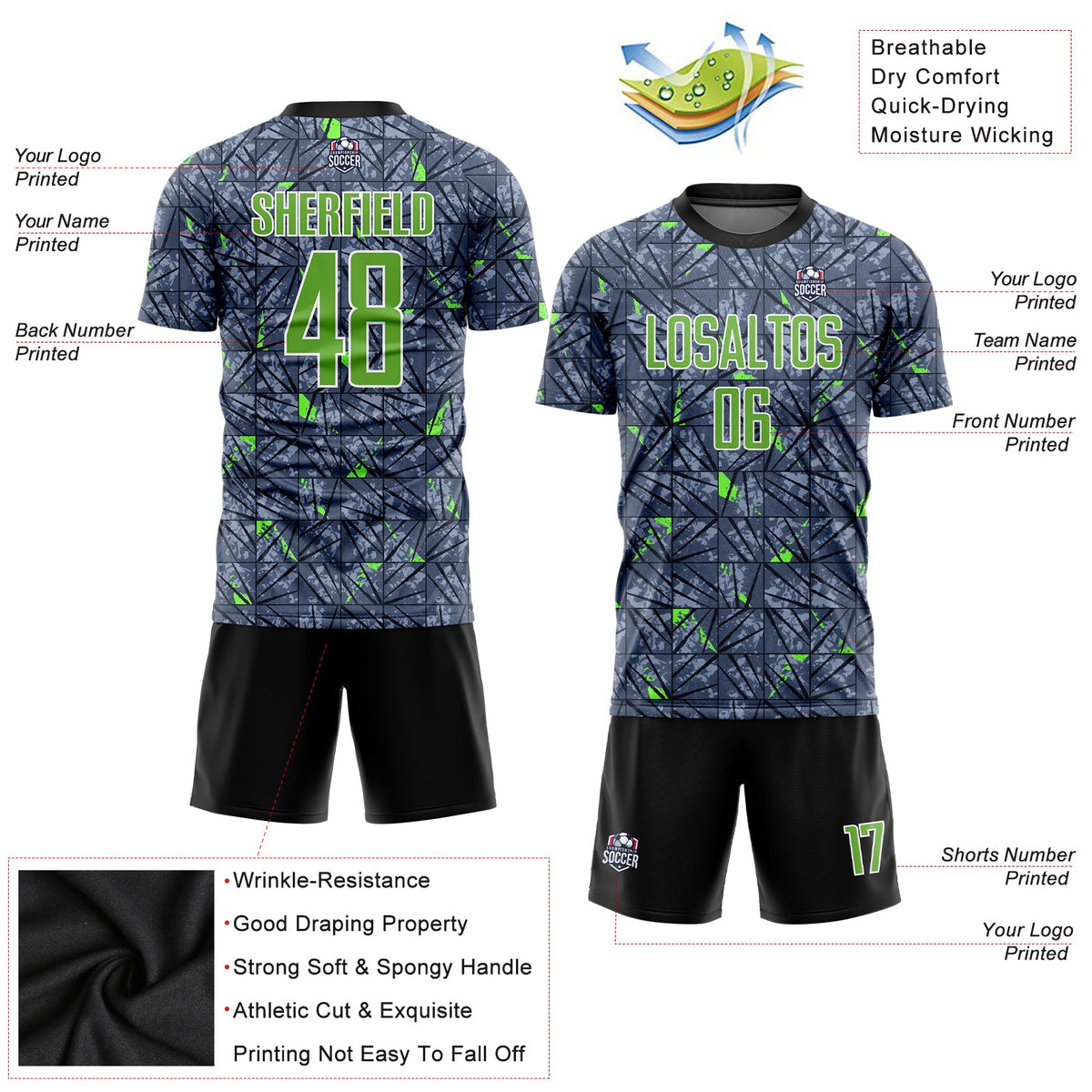Custom Gray Neon Green-Black Sublimation Soccer Uniform Jersey Limited