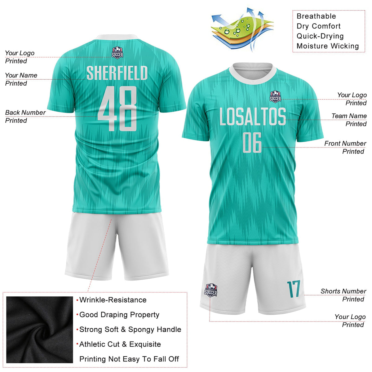 Custom Aqua White Sublimation Soccer Uniform Jersey Limited