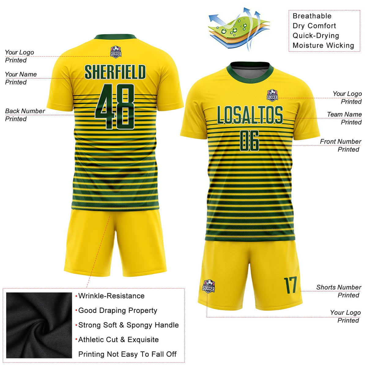 Custom Gold Green-White Sublimation Soccer Uniform Jersey Limited