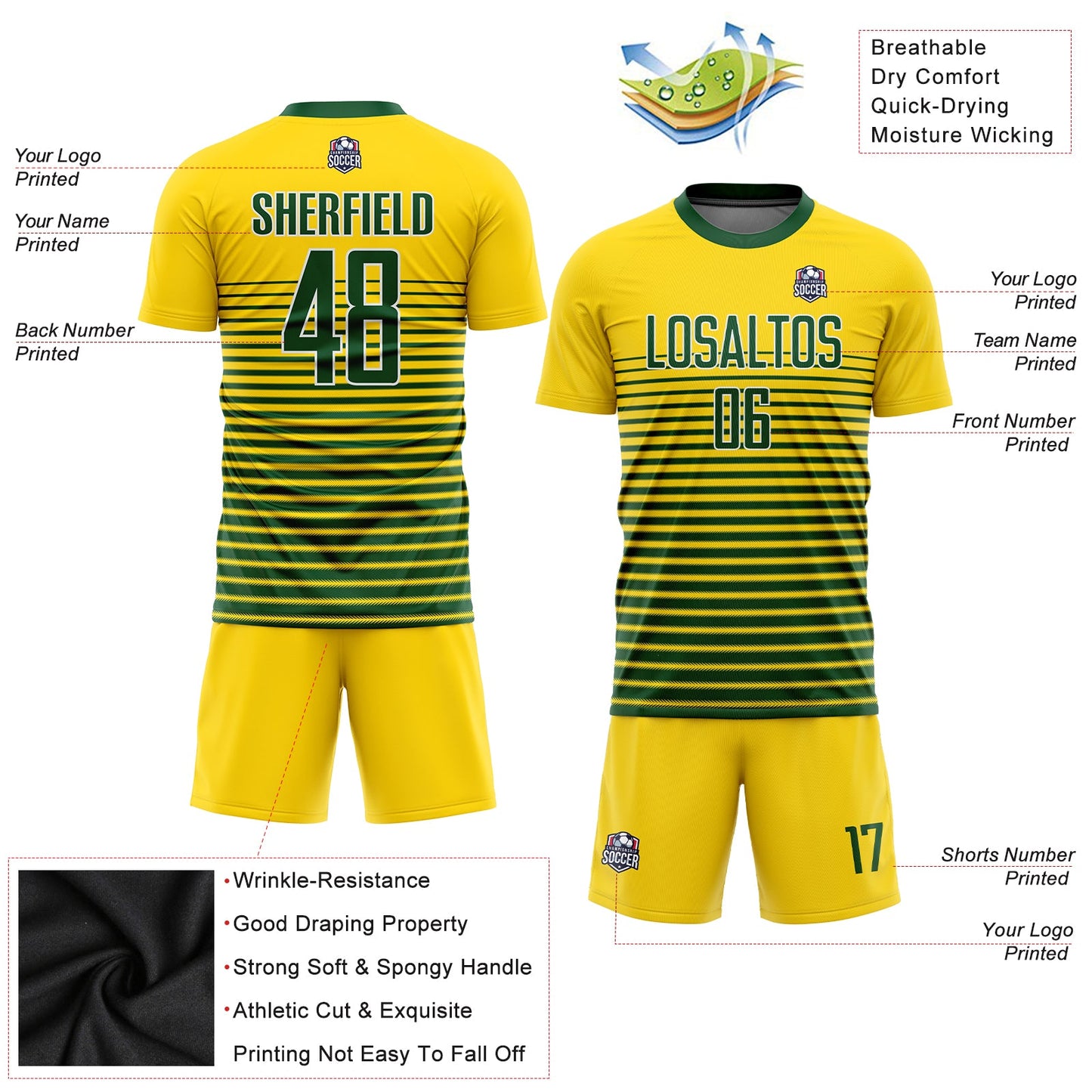 Custom Gold Green-White Sublimation Soccer Uniform Jersey Limited