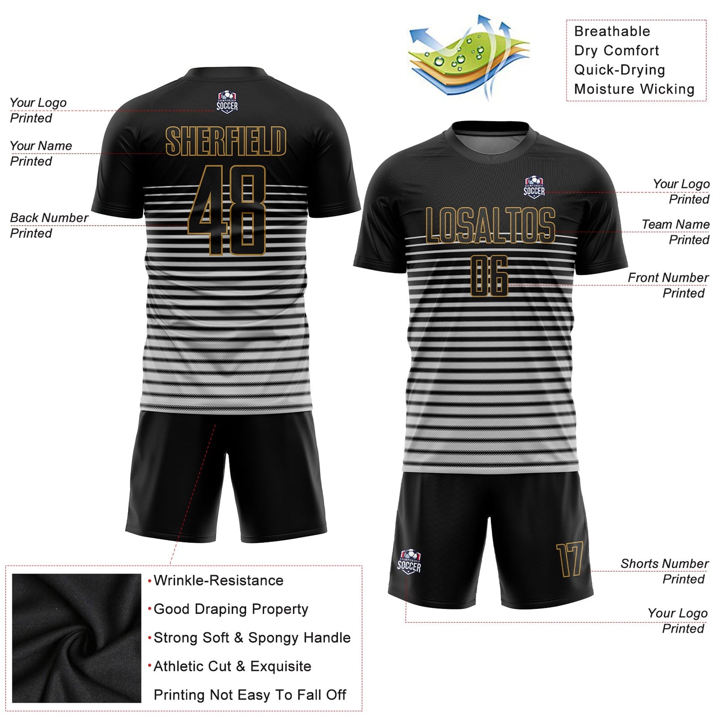 Custom Black Black-Old Gold Sublimation Soccer Uniform Jersey Limited