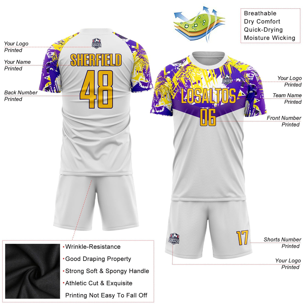 Custom White Gold-Purple Sublimation Soccer Uniform Jersey Limited