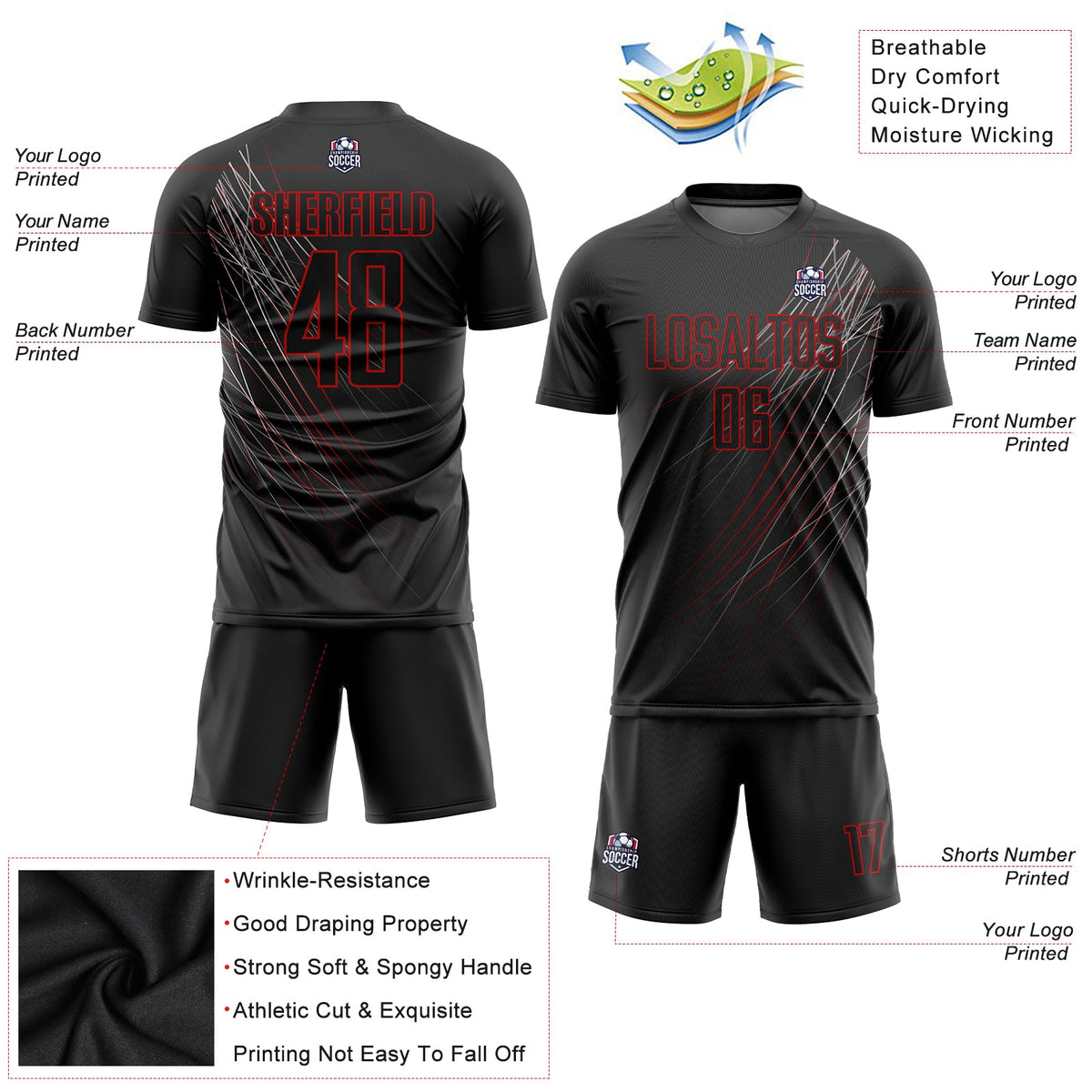 Custom Black Black-Red Sublimation Soccer Uniform Jersey Limited