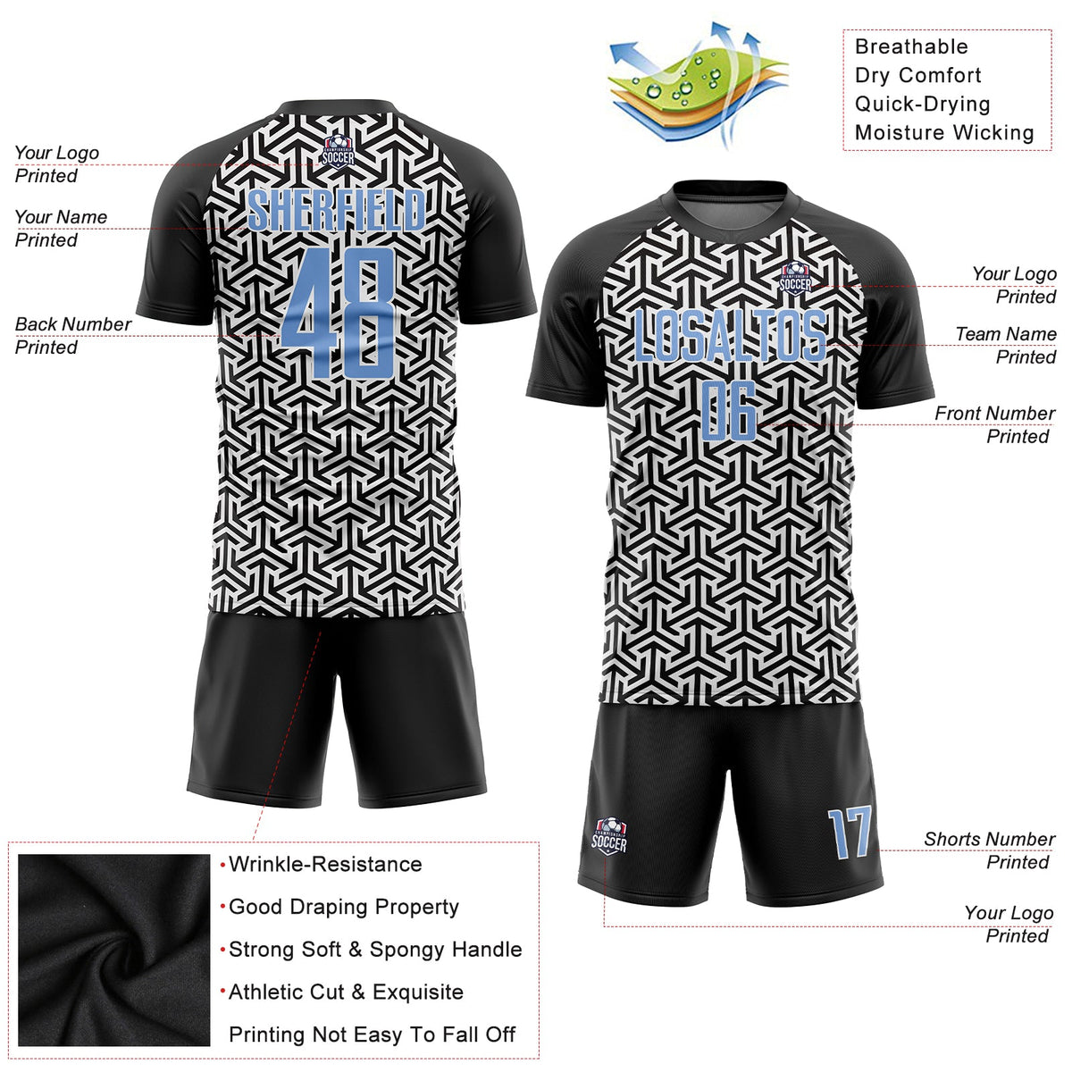 Custom Black Light Blue-White Sublimation Soccer Uniform Jersey Limited