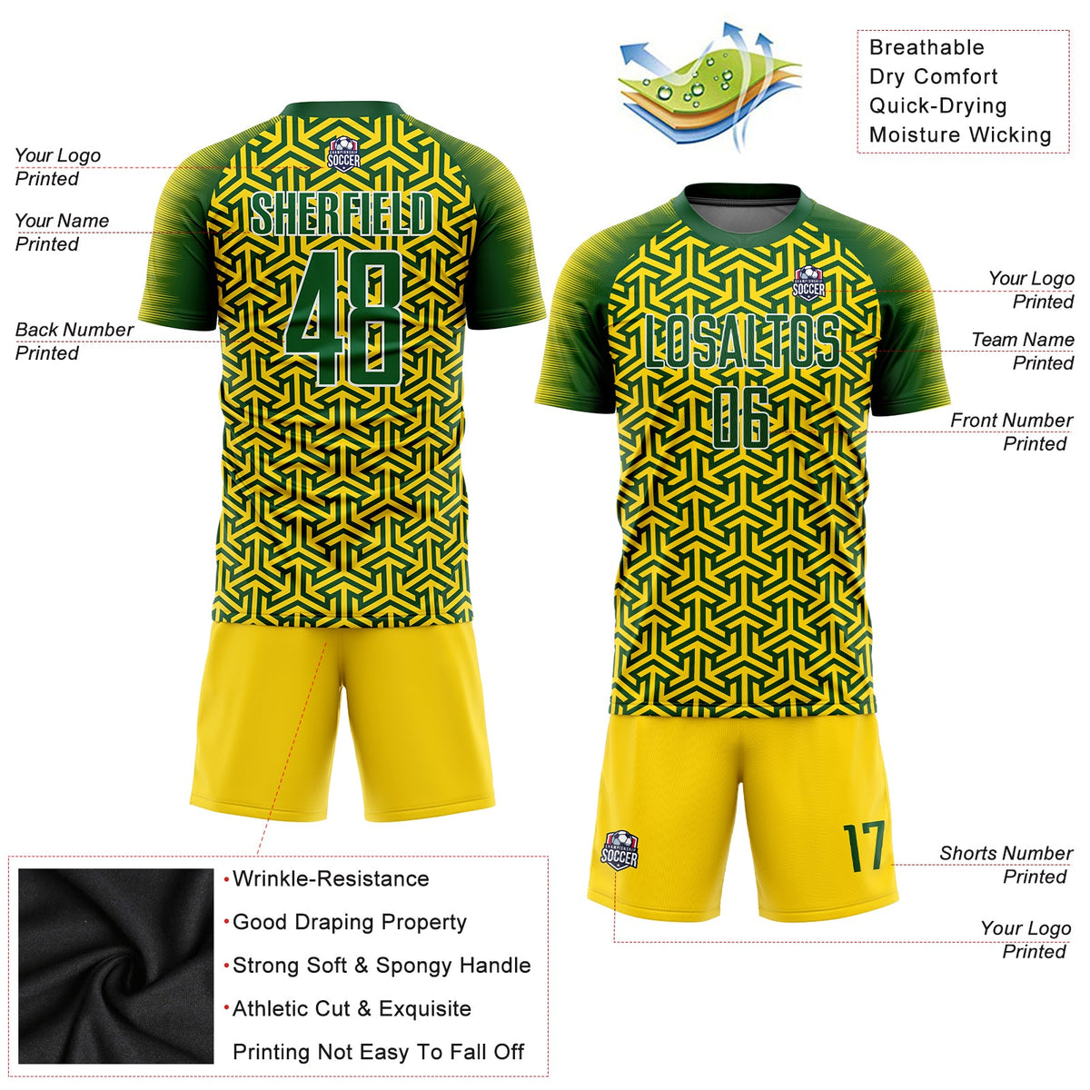 Custom Gold Green-White Sublimation Soccer Uniform Jersey Limited