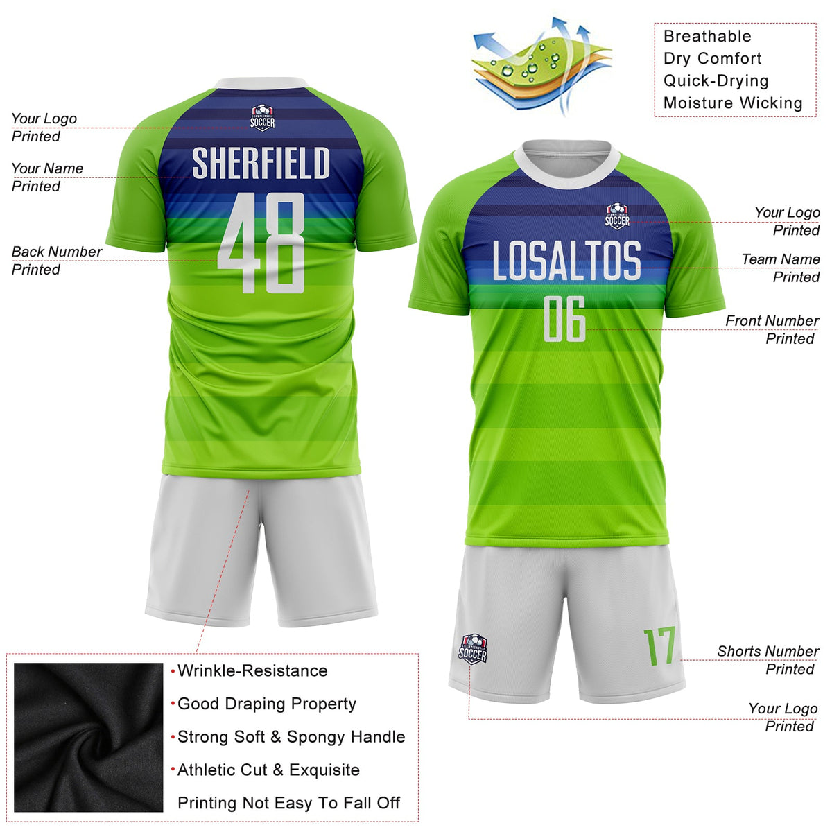 Custom Neon Green White-Royal Sublimation Soccer Uniform Jersey Limited