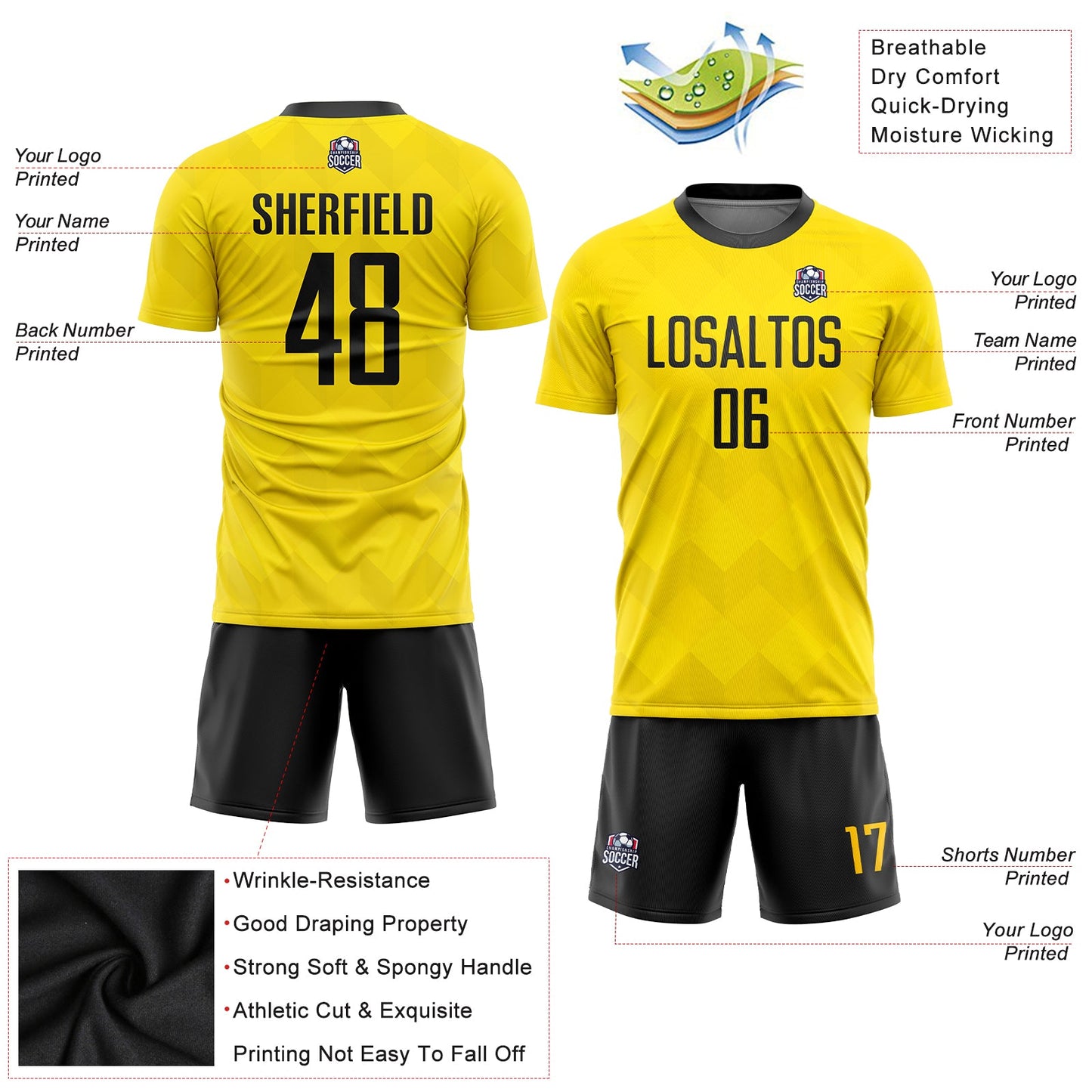 Custom Gold Black Sublimation Soccer Uniform Jersey Limited