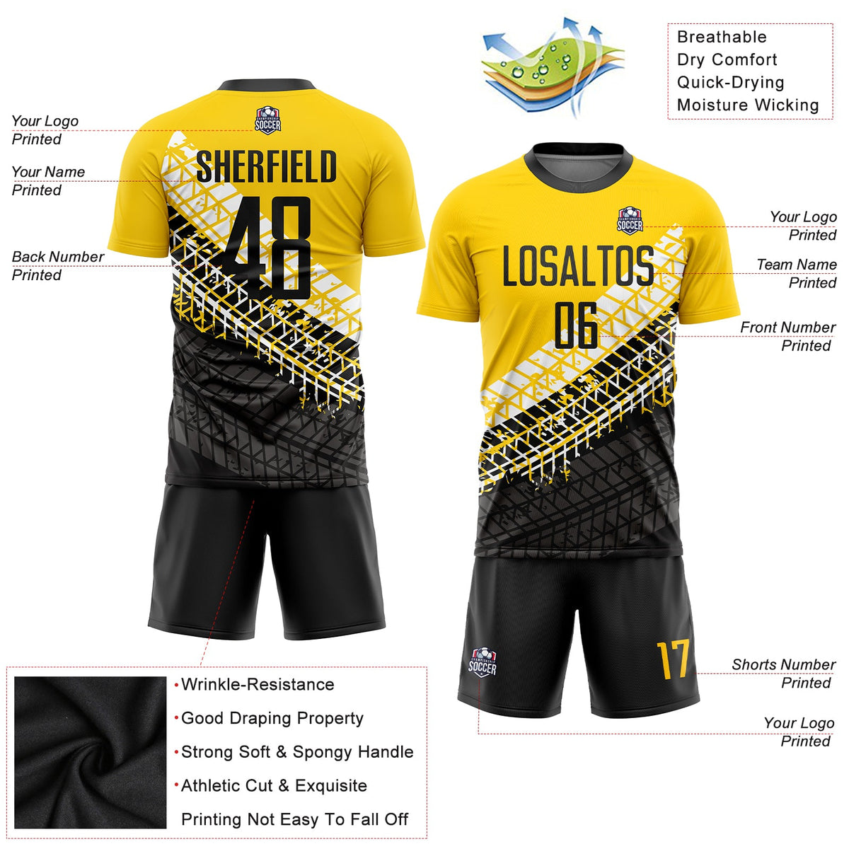 Custom Gold Black-White Sublimation Soccer Uniform Jersey Limited