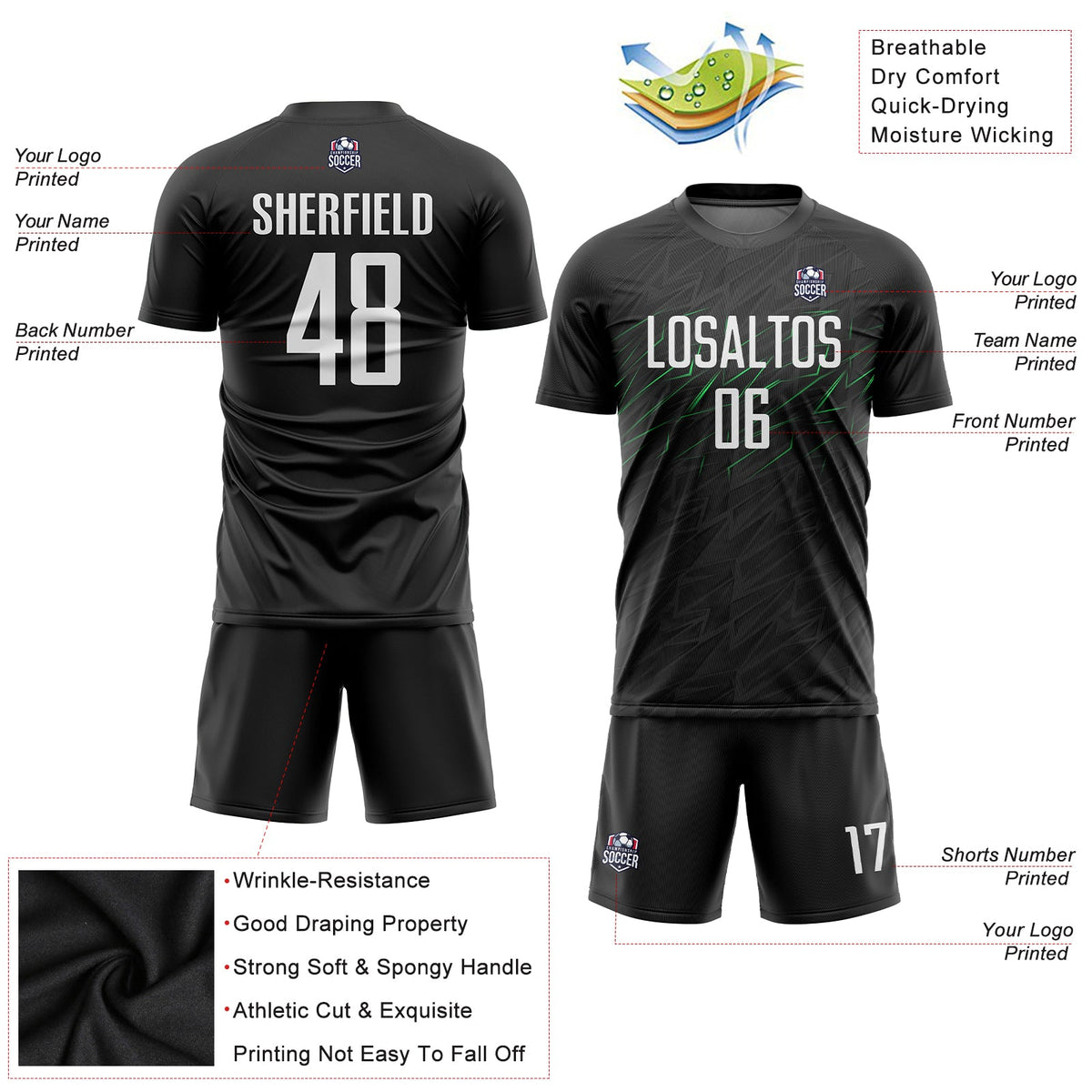 Custom Black White-Neon Green Sublimation Soccer Uniform Jersey Limited