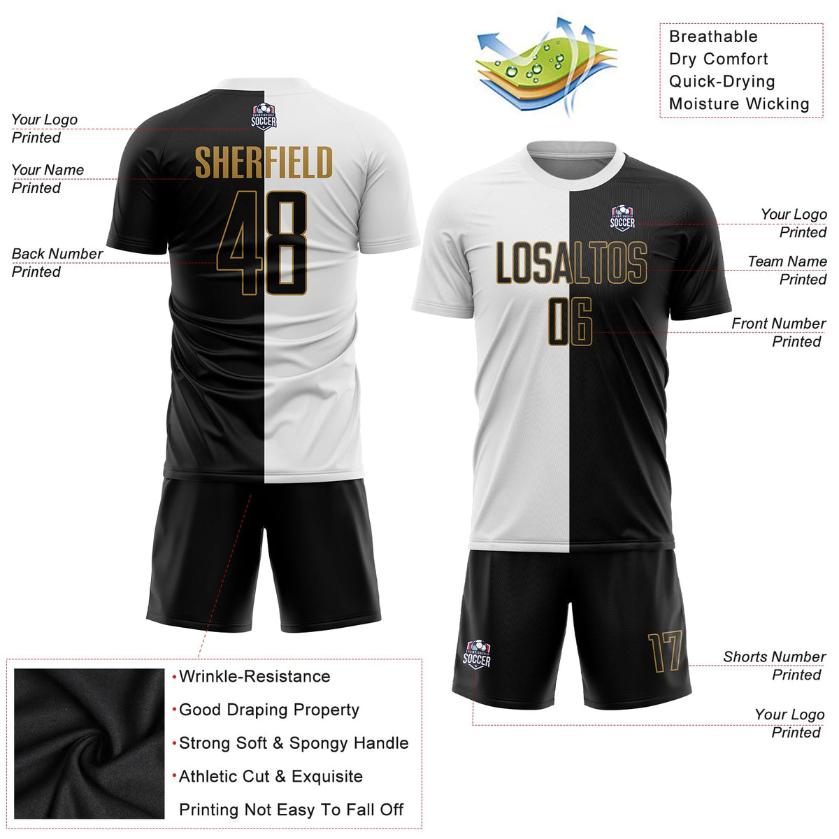 Custom White Black-Old Gold Sublimation Split Fashion Soccer Uniform Jersey Limited