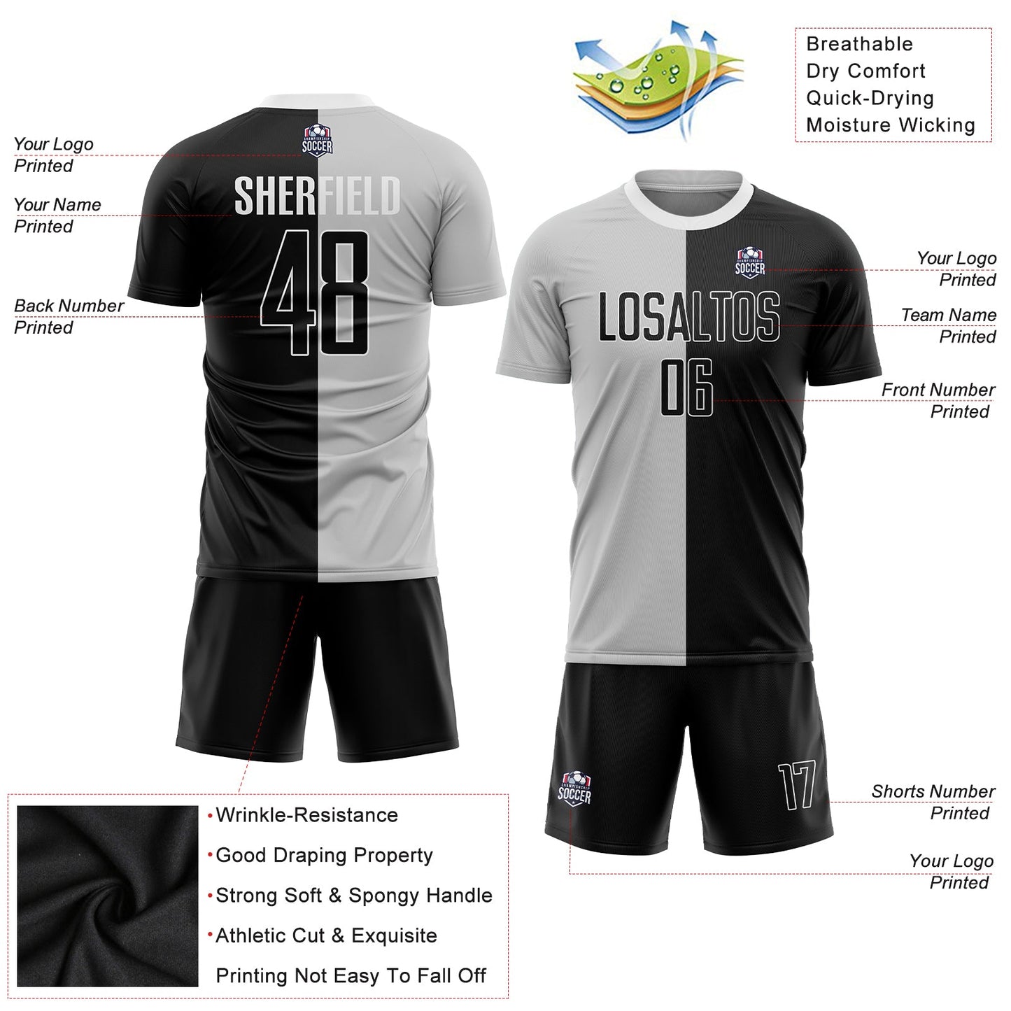 Custom Gray Black-White Sublimation Split Fashion Soccer Uniform Jersey Limited