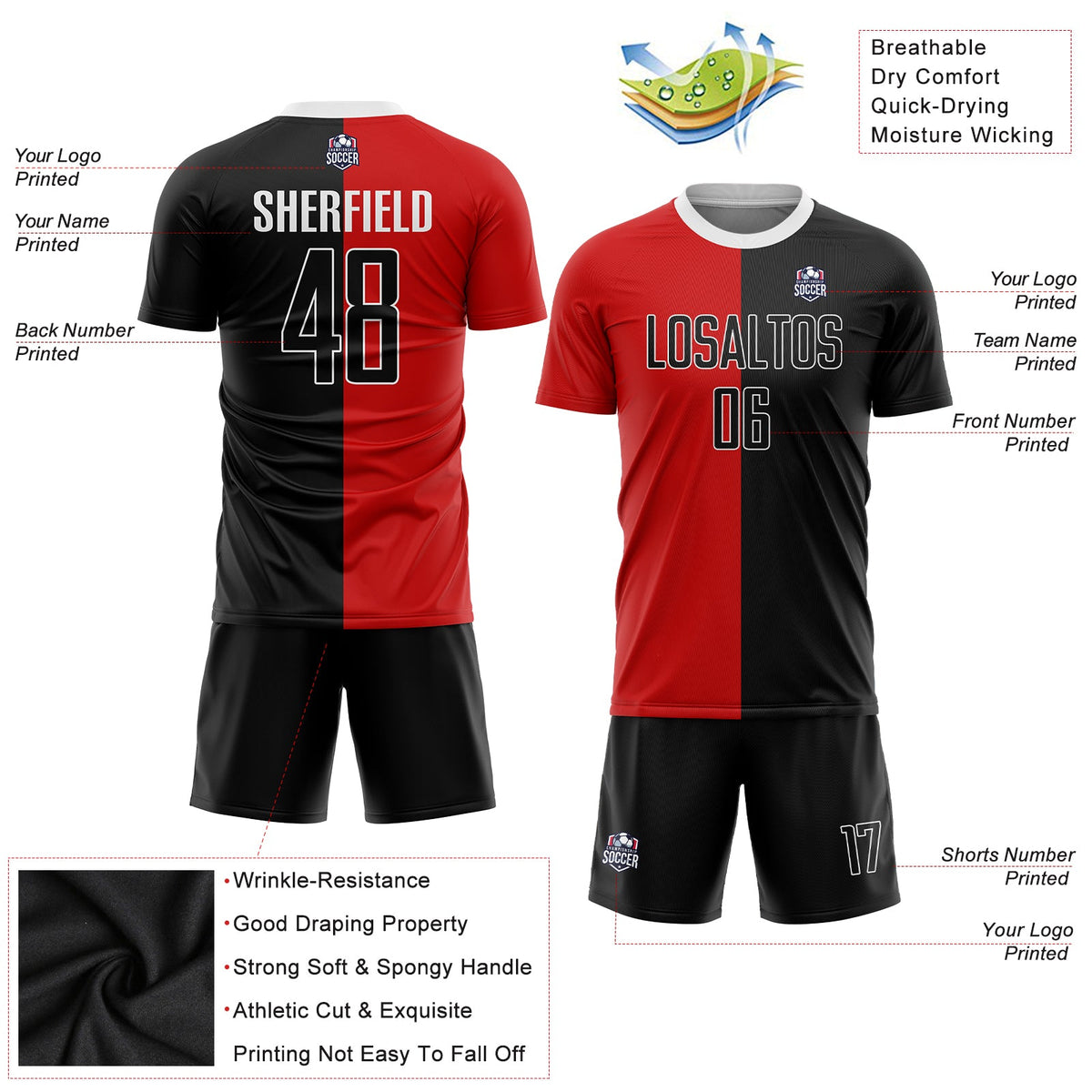 Custom Red Black-White Sublimation Split Fashion Soccer Uniform Jersey Limited