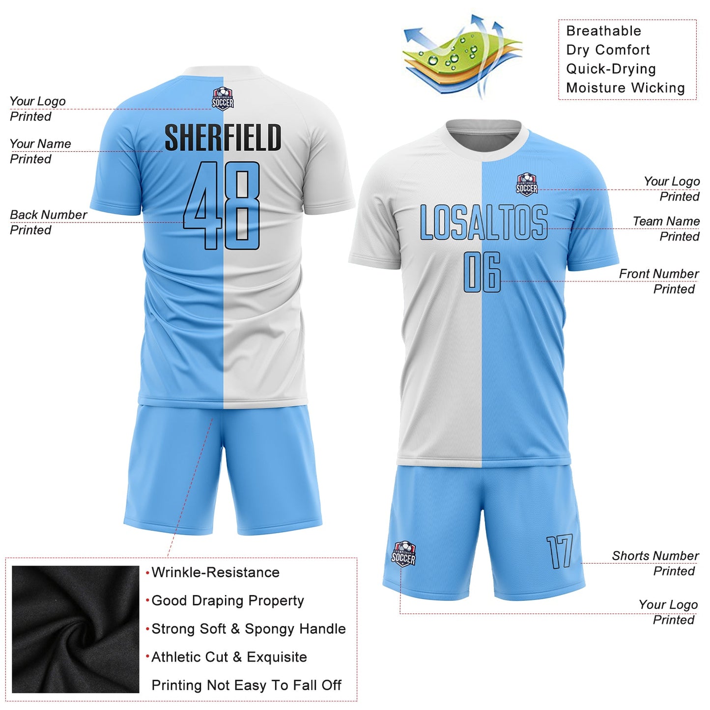 Custom White Light Blue-Black Sublimation Split Fashion Soccer Uniform Jersey Limited