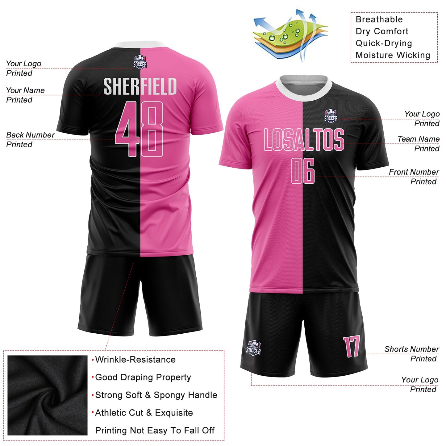 Custom Black Pink-White Sublimation Split Fashion Soccer Uniform Jersey Limited