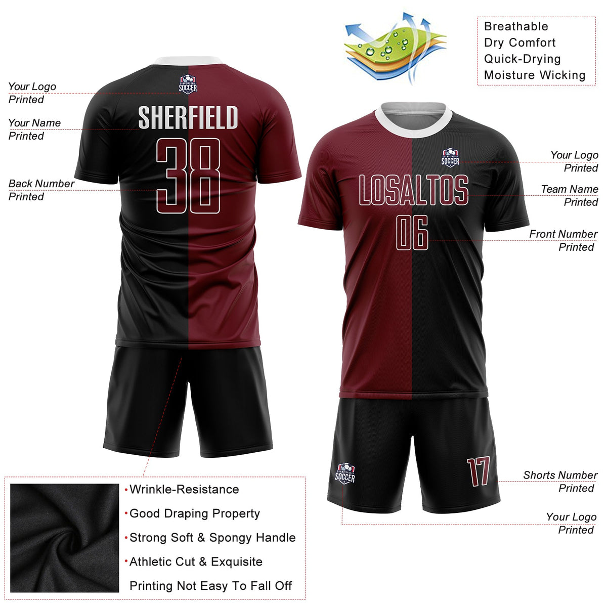 Custom Black Crimson-White Sublimation Split Fashion Soccer Uniform Jersey Limited