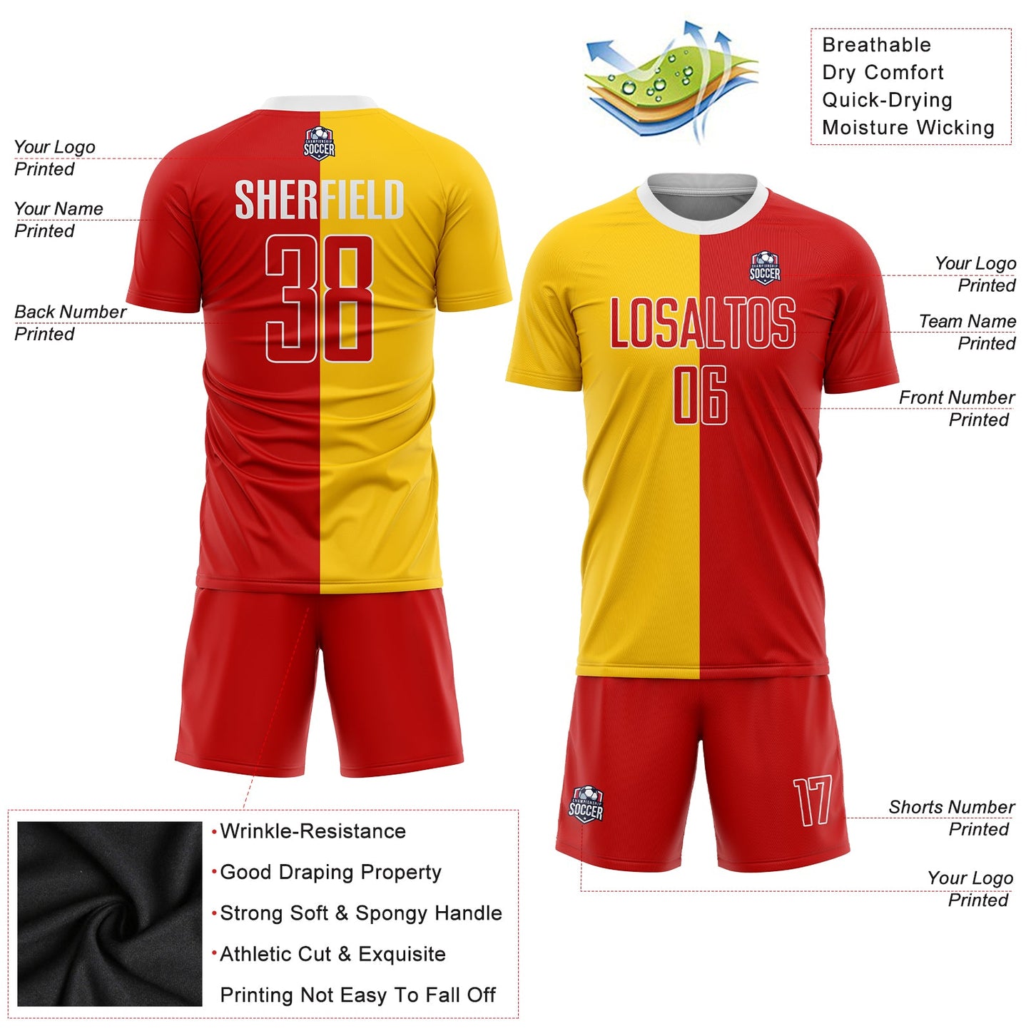 Custom Gold Red-White Sublimation Split Fashion Soccer Uniform Jersey Limited