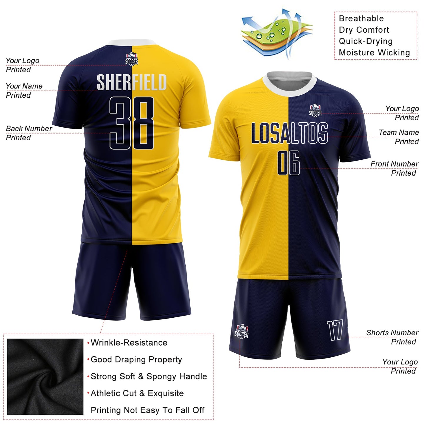 Custom Gold Navy-White Sublimation Split Fashion Soccer Uniform Jersey Limited