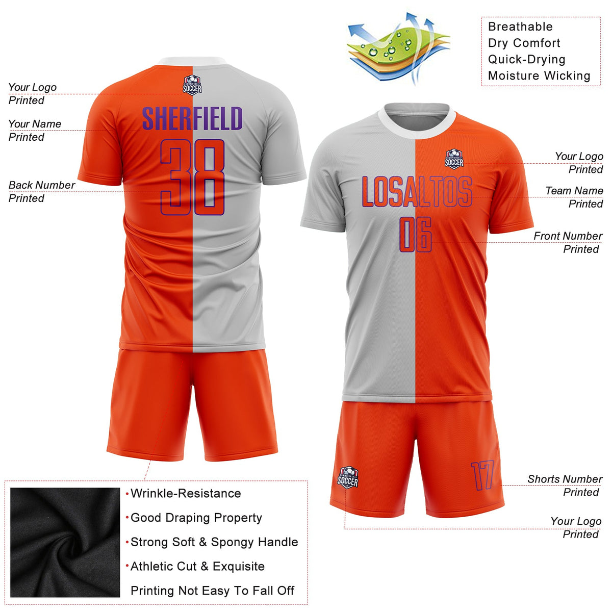 Custom Gray Orange-Purple Sublimation Split Fashion Soccer Uniform Jersey Limited