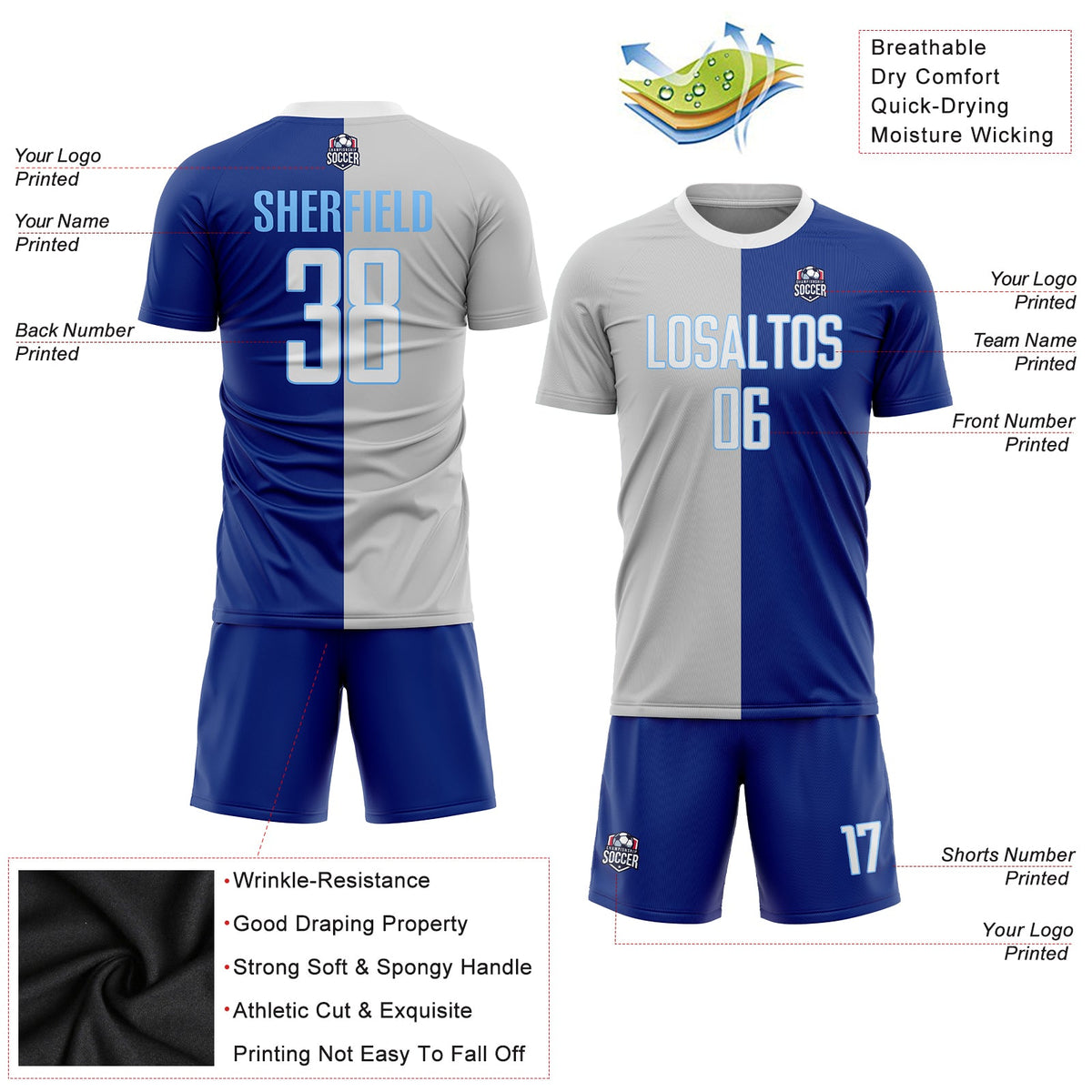 Custom Royal White-Gray Sublimation Split Fashion Soccer Uniform Jersey Limited