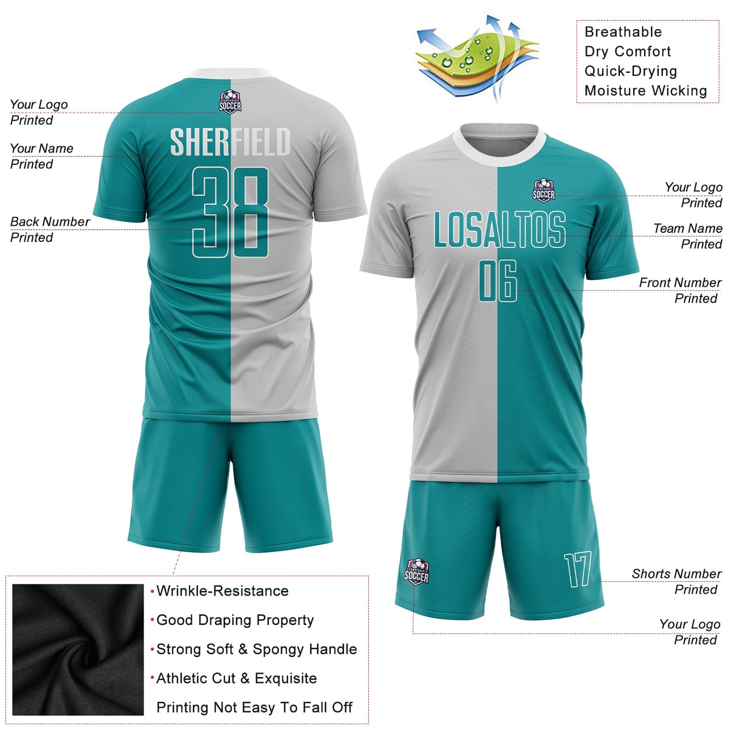 Custom Gray Teal-White Sublimation Split Fashion Soccer Uniform Jersey Limited