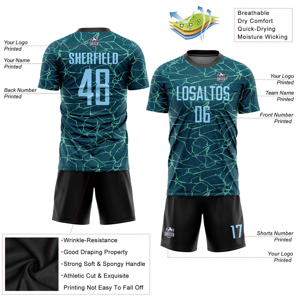 Custom Teal Light Blue-Black Sublimation Soccer Uniform Jersey Limited