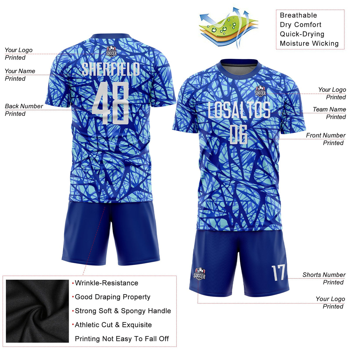 Custom Royal White-Light Blue Sublimation Soccer Uniform Jersey Limited