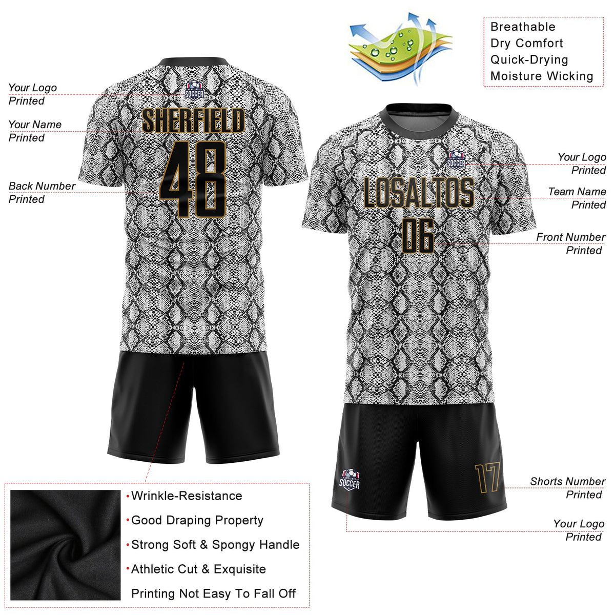 Custom Black Black-Old Gold Sublimation Snakeskin Soccer Uniform Jersey Limited