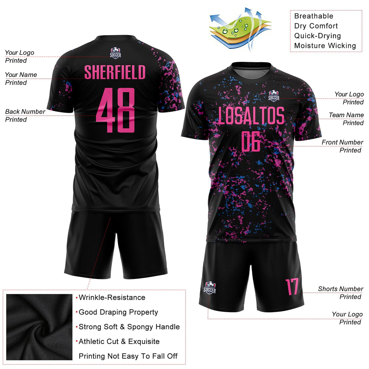 Custom Black Pink-Light Blue Sublimation Soccer Uniform Jersey Limited