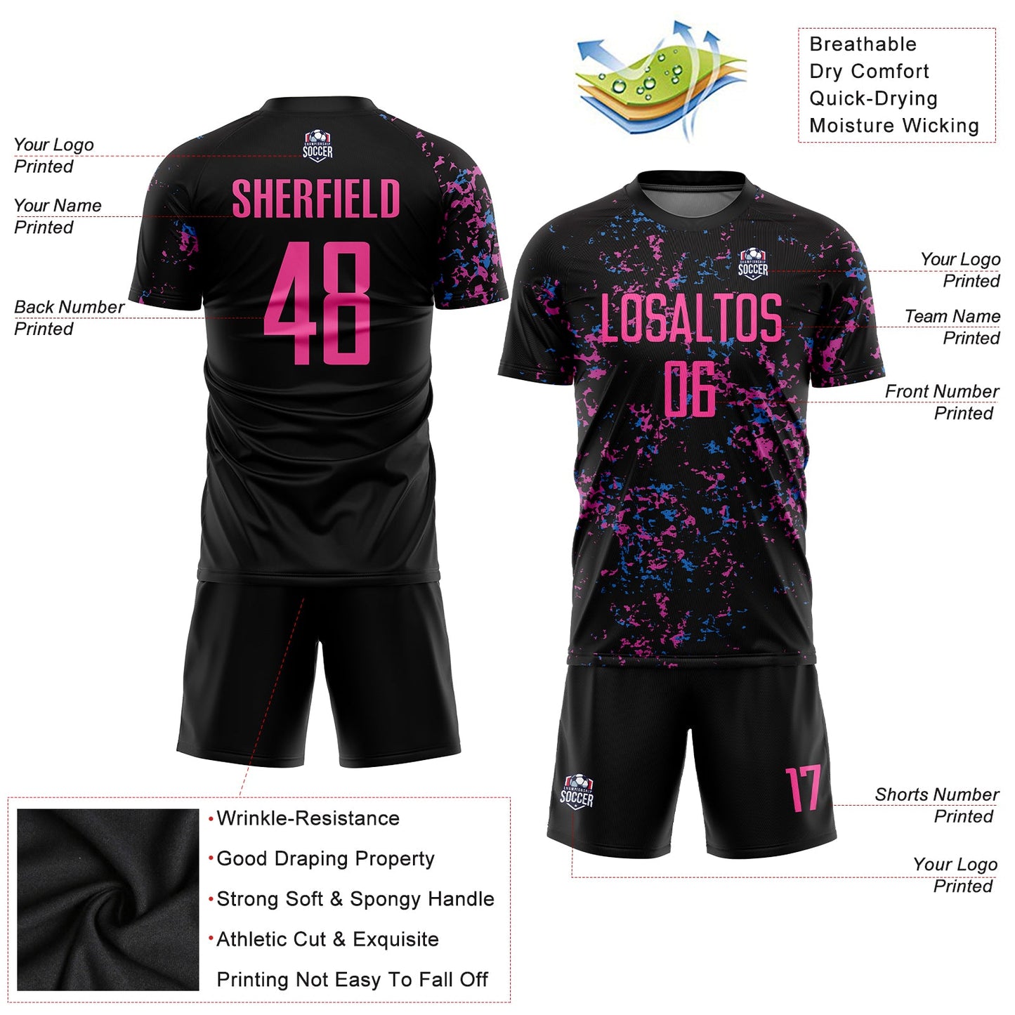 Custom Black Pink-Light Blue Sublimation Soccer Uniform Jersey Limited