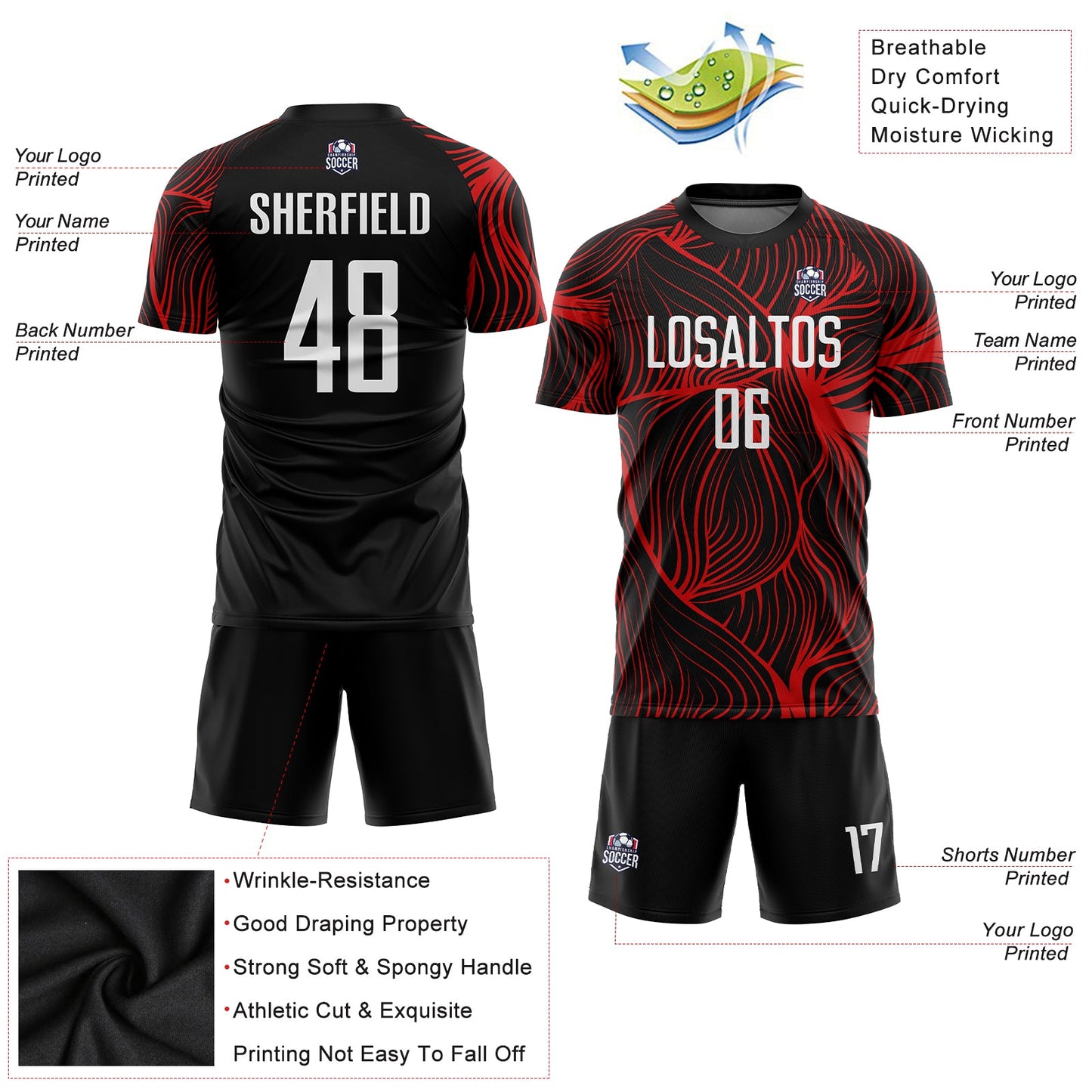 Custom Black White-Red Sublimation Soccer Uniform Jersey Limited