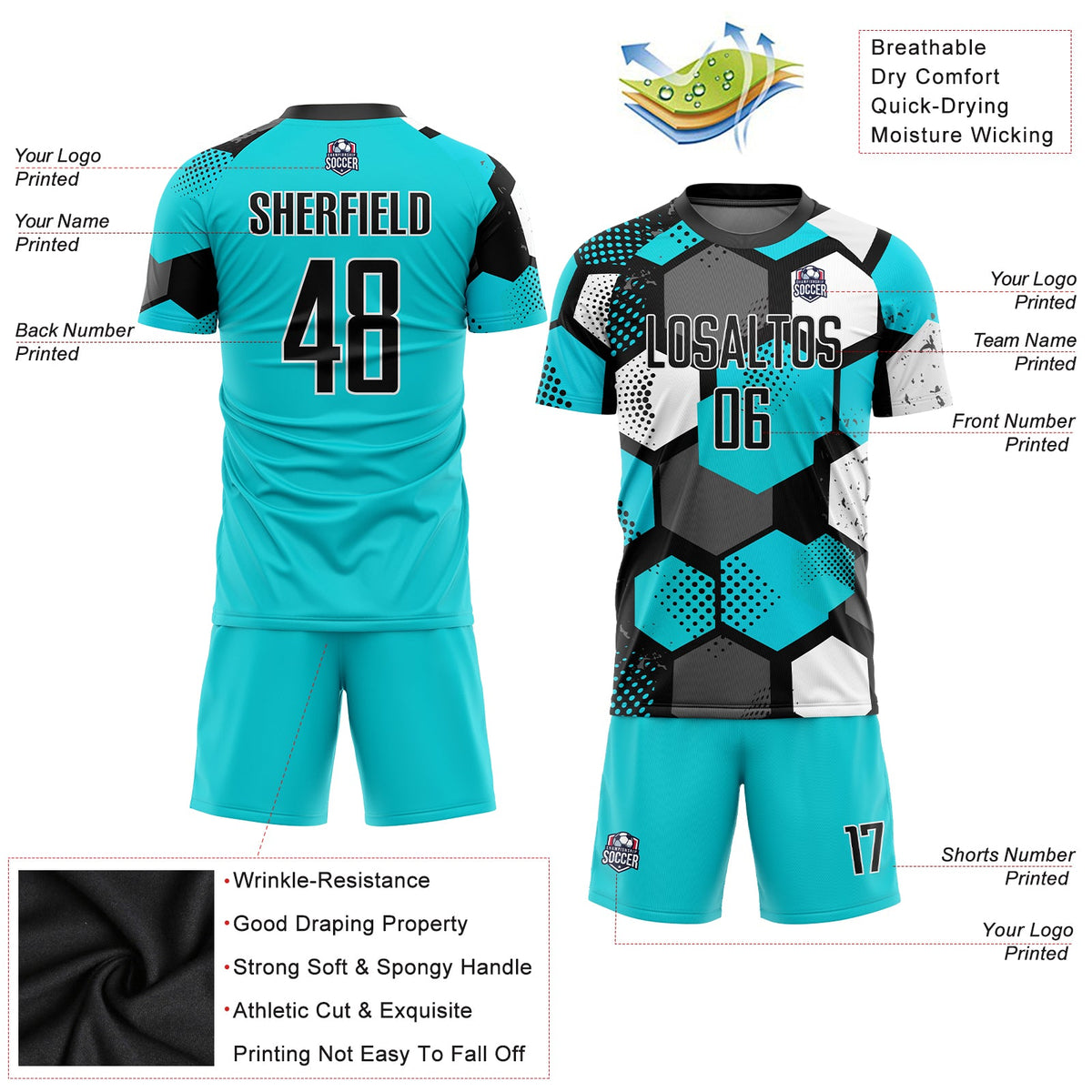 Custom Aqua Black-White Sublimation Soccer Uniform Jersey Limited