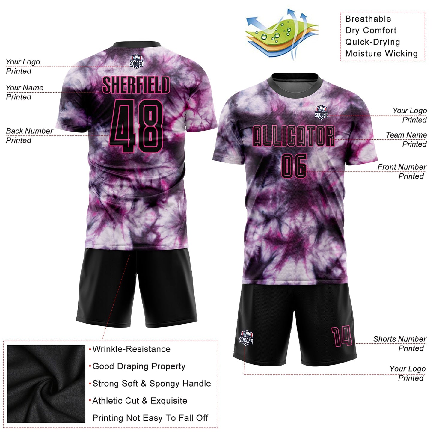 Custom Tie Dye Black-Pink Sublimation Soccer Uniform Jersey Limited