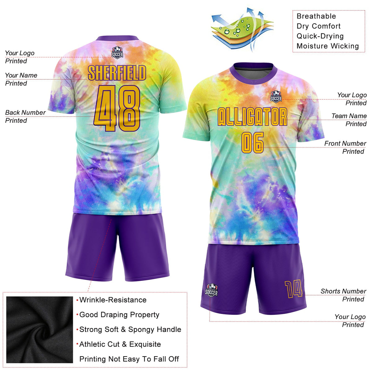 Custom Tie Dye Gold-Purple Sublimation Soccer Uniform Jersey Limited