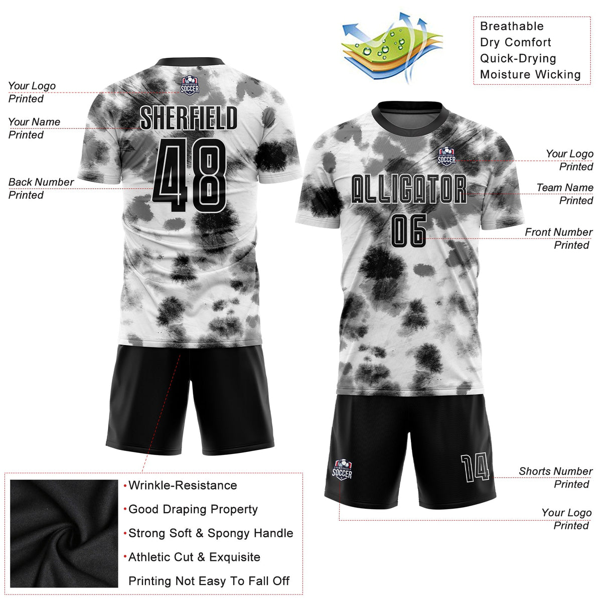 Custom Tie Dye Black-White Sublimation Soccer Uniform Jersey Limited