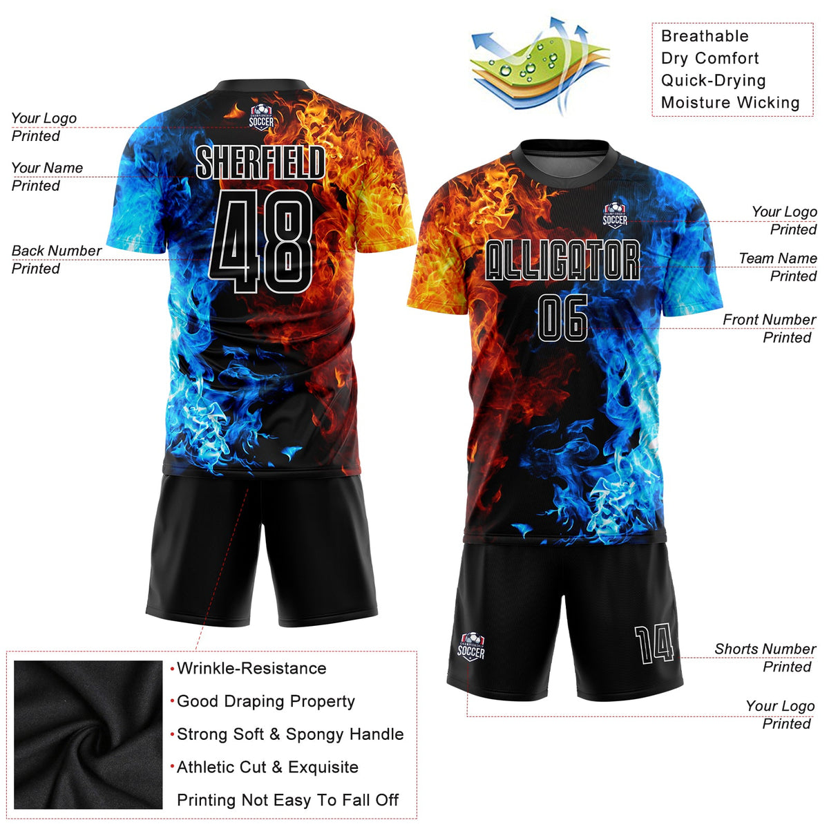 Custom Figure Black-White Flame Sublimation Soccer Uniform Jersey Limited