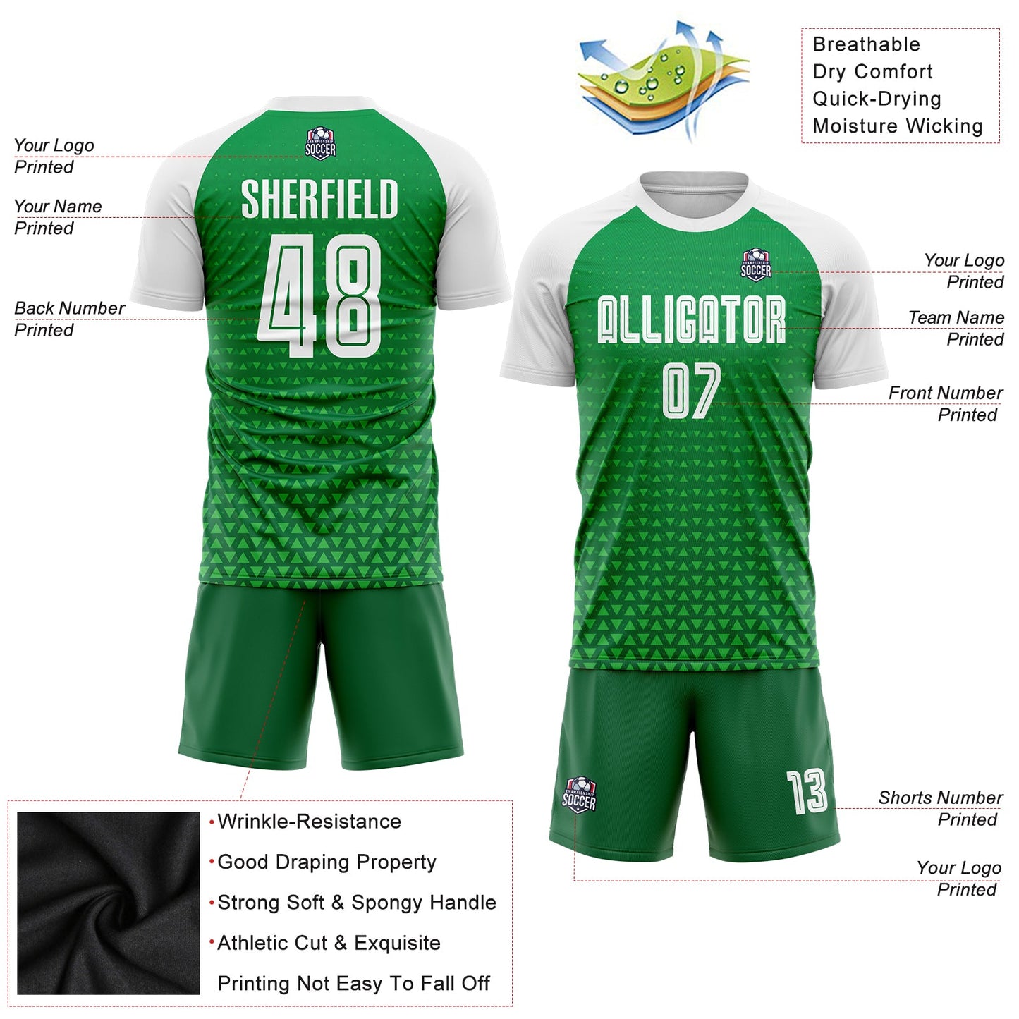Custom Kelly Green White Sublimation Soccer Uniform Jersey Limited