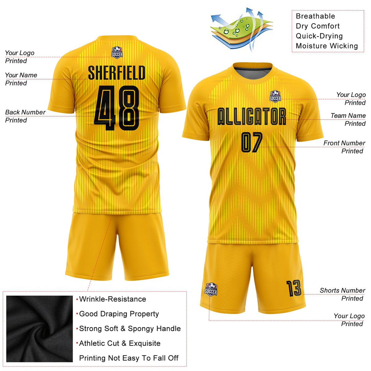 Custom Gold Black Sublimation Soccer Uniform Jersey Limited