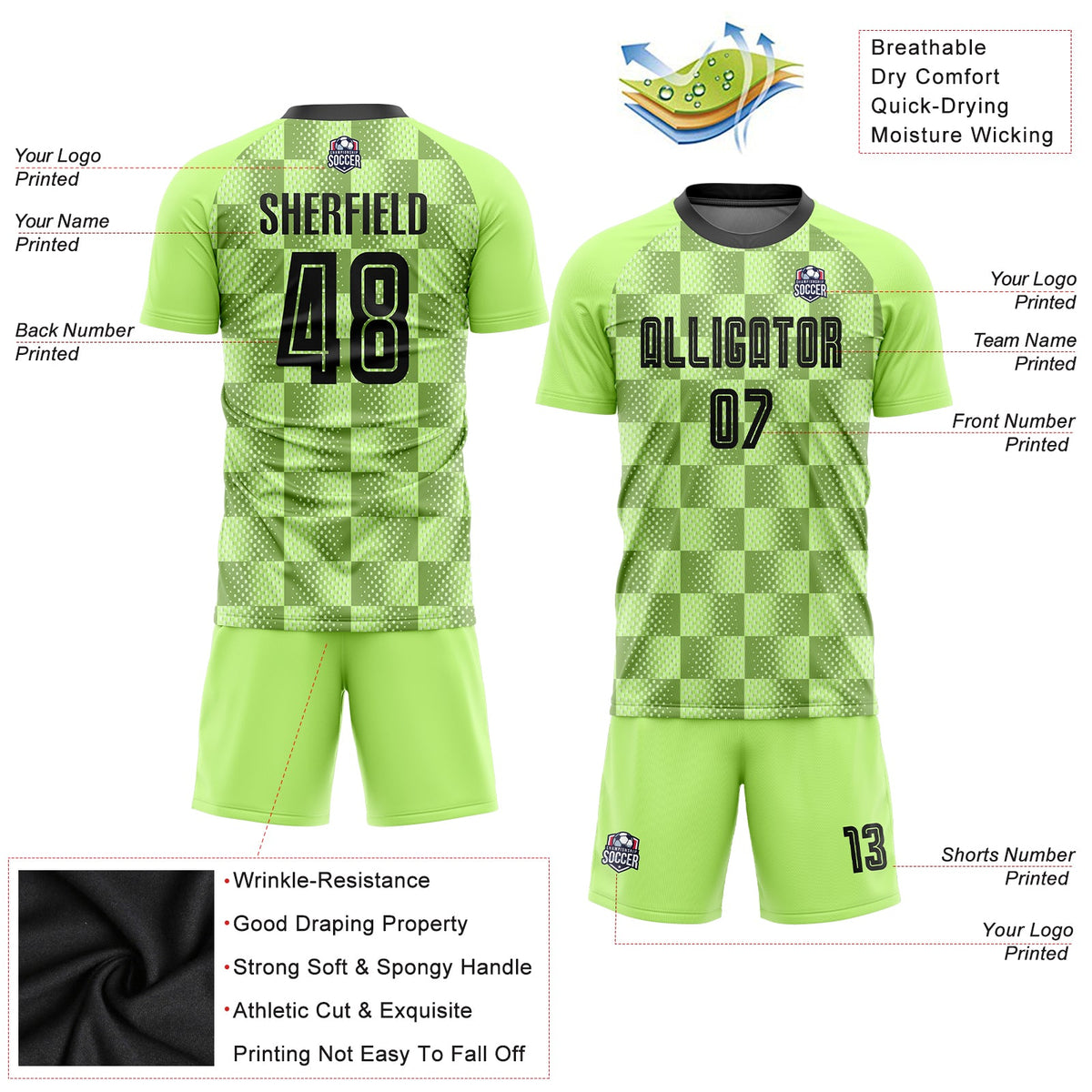 Custom Neon Green Black Third Sublimation Soccer Uniform Jersey Limited