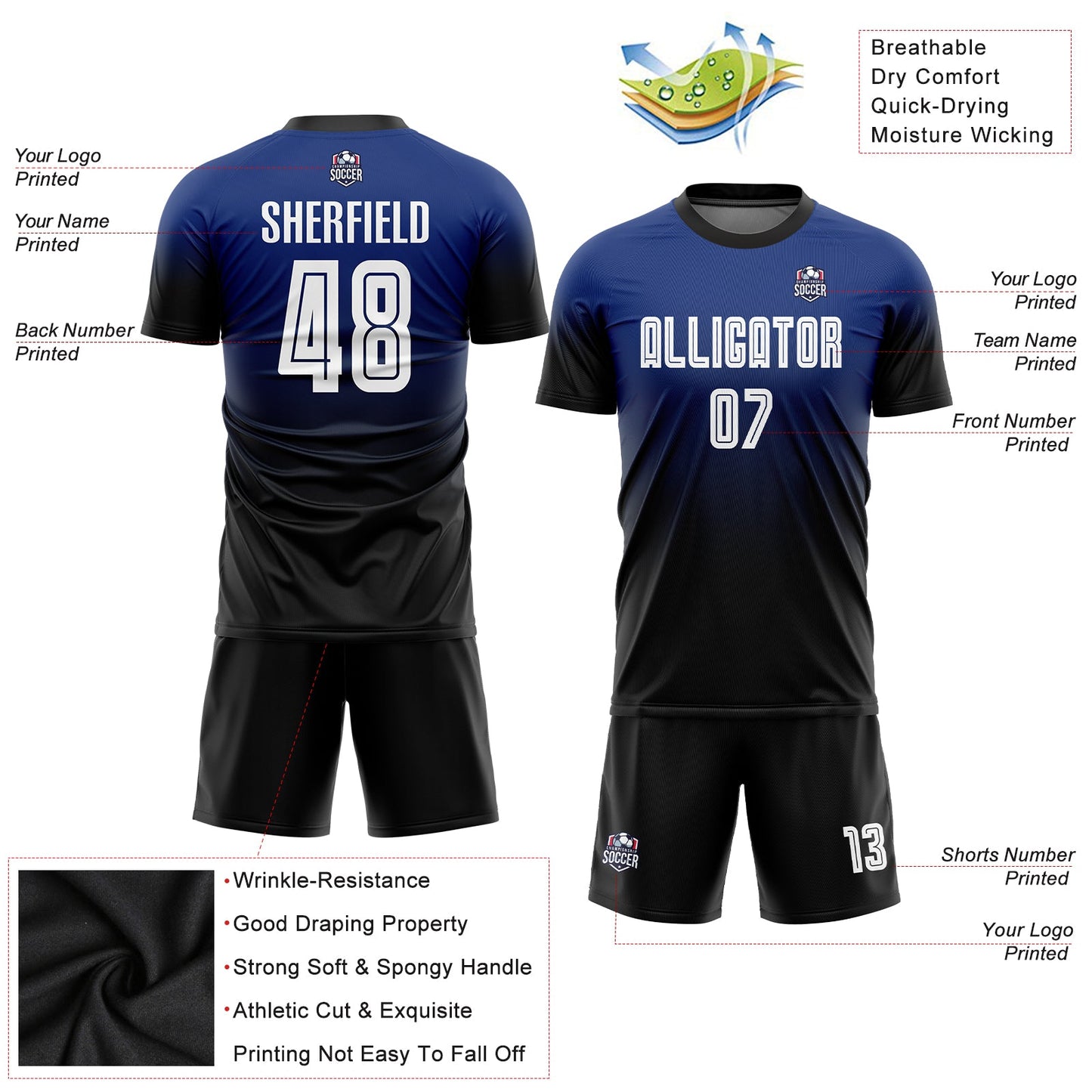 Custom Royal White-Black Sublimation Fade Fashion Soccer Uniform Jersey Limited