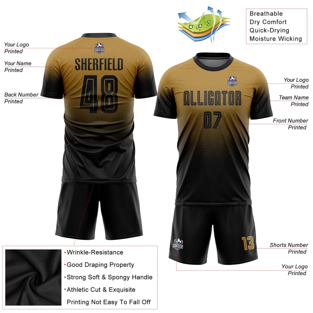 Custom Old Gold Black Sublimation Fade Fashion Soccer Uniform Jersey Limited