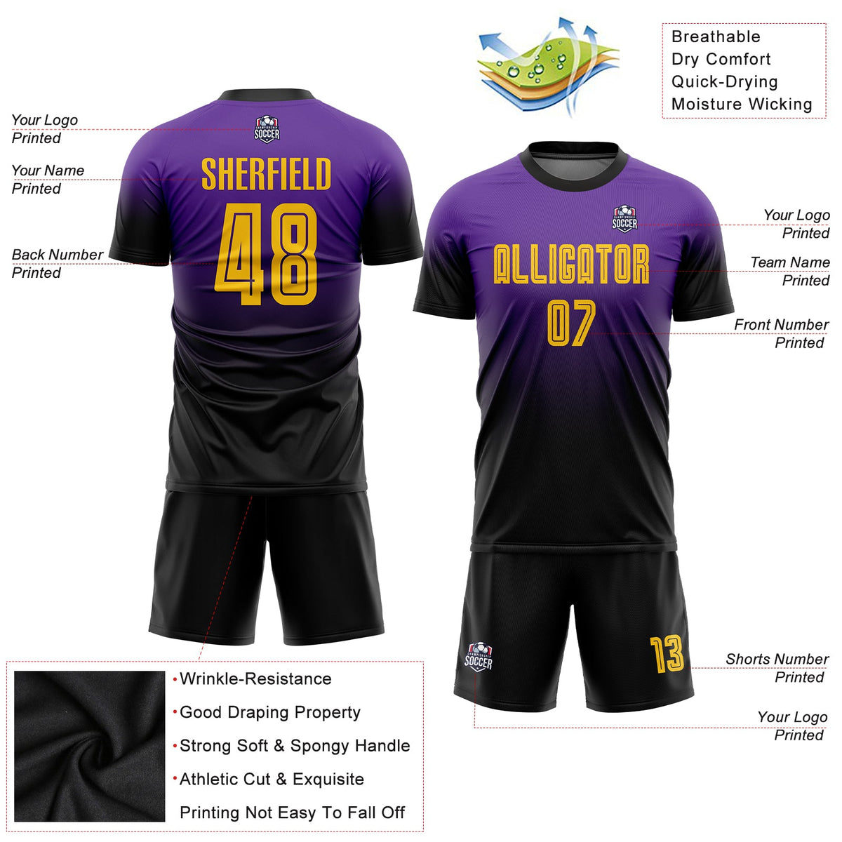 Custom Purple Gold-Black Sublimation Fade Fashion Soccer Uniform Jersey Limited