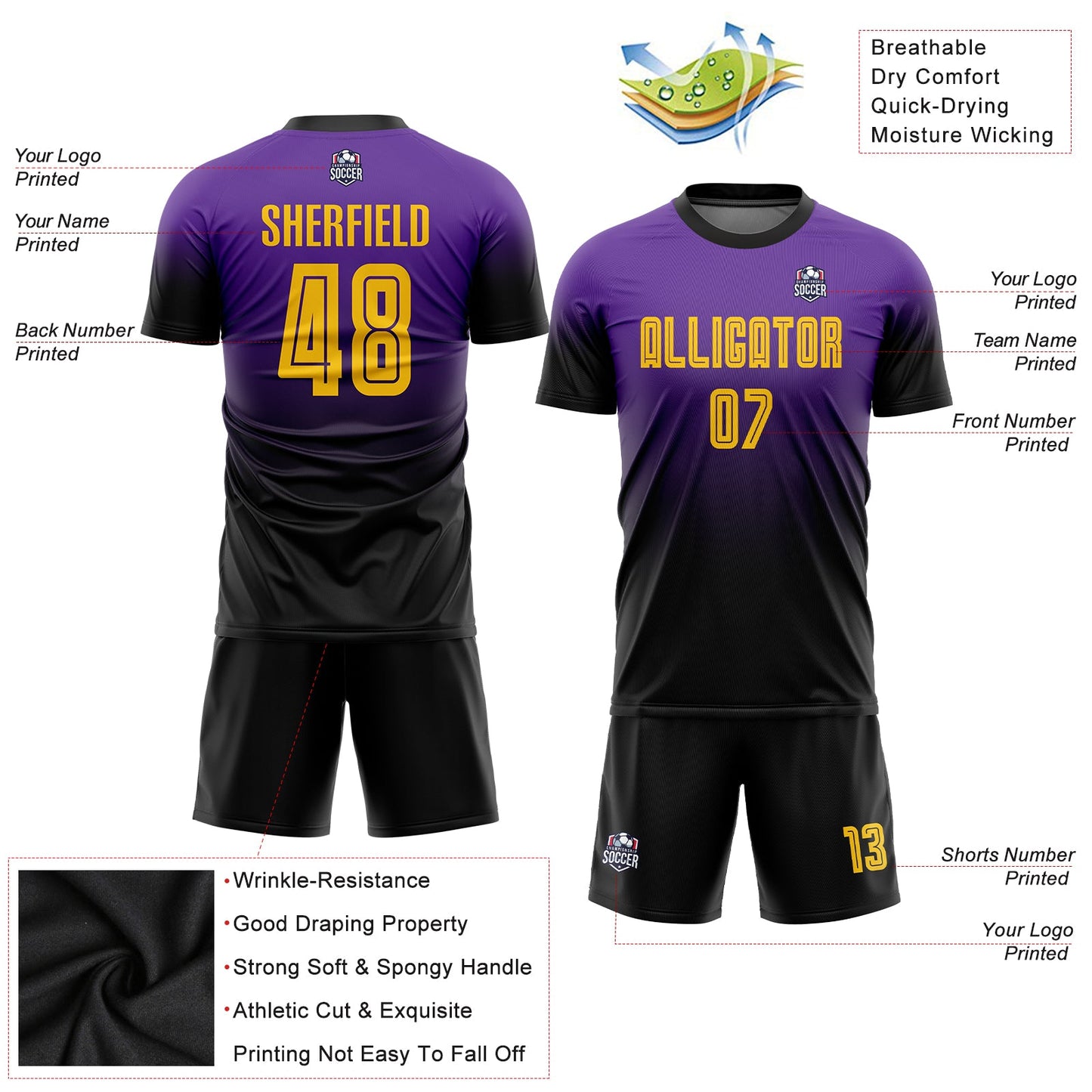 Custom Purple Gold-Black Sublimation Fade Fashion Soccer Uniform Jersey Limited