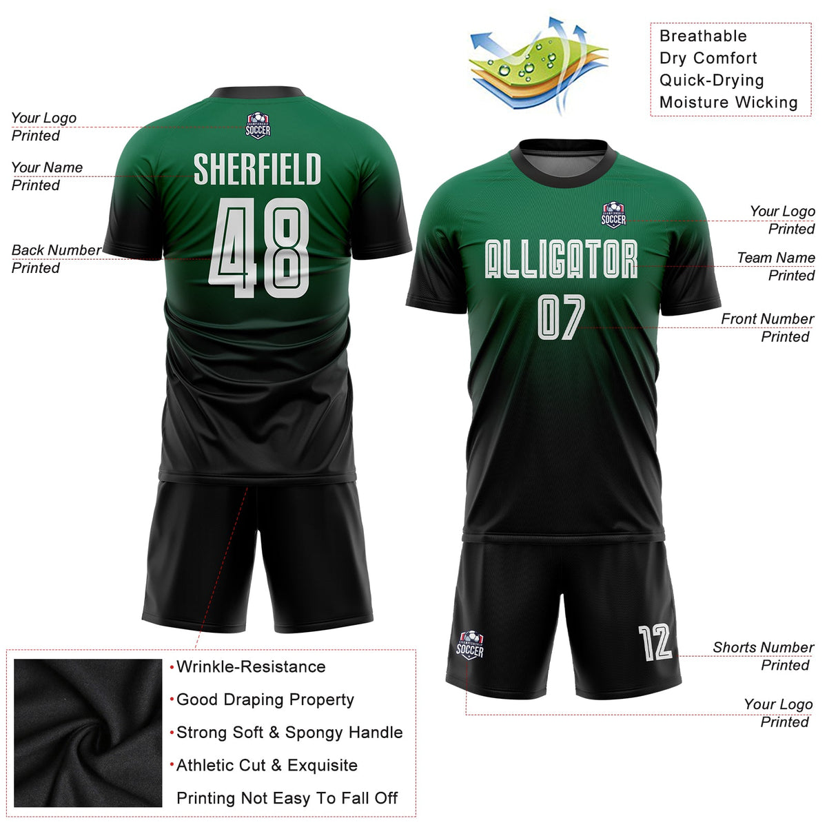 Custom Kelly Green White-Black Sublimation Fade Fashion Soccer Uniform Jersey Limited