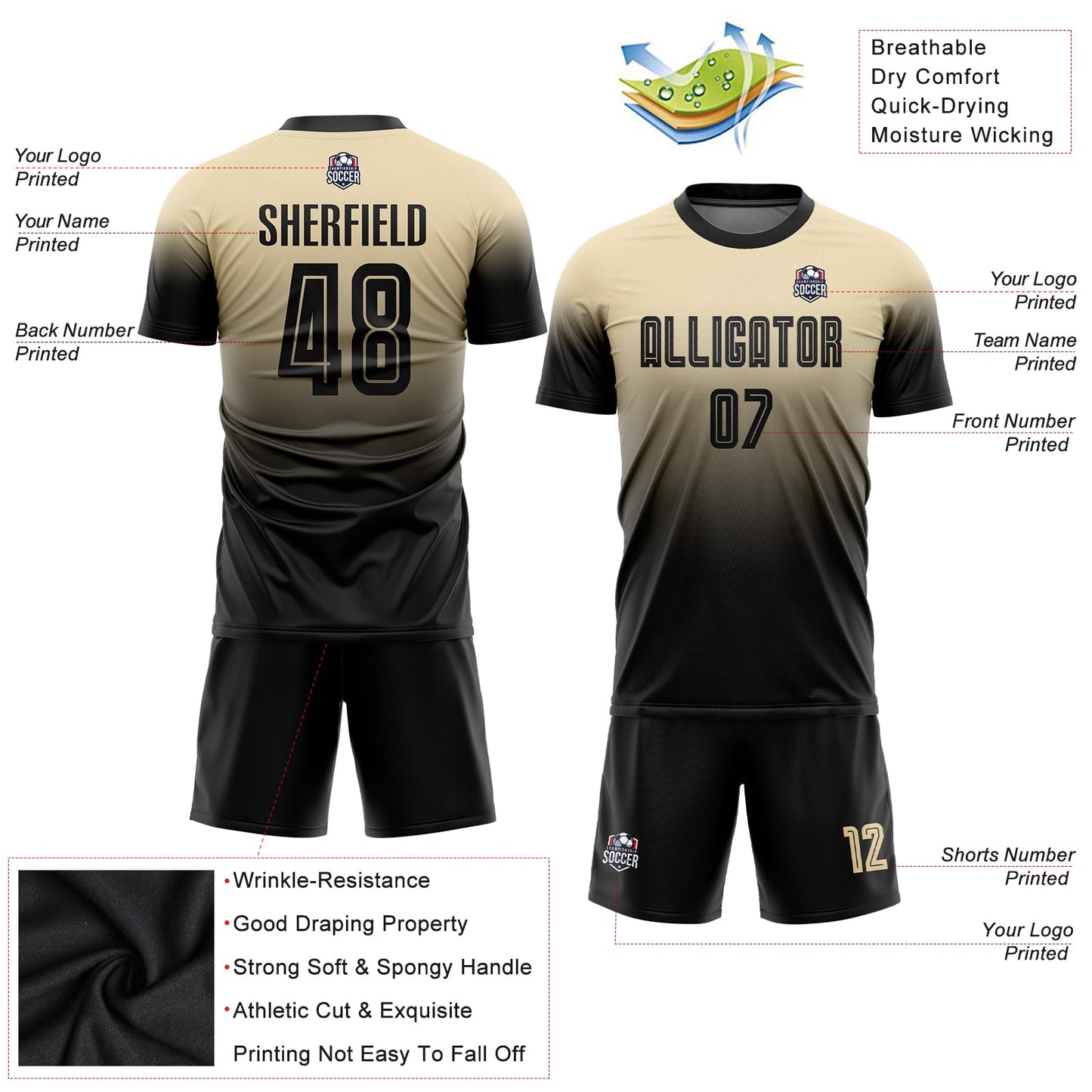 Custom Cream Black Sublimation Fade Fashion Soccer Uniform Jersey Limited