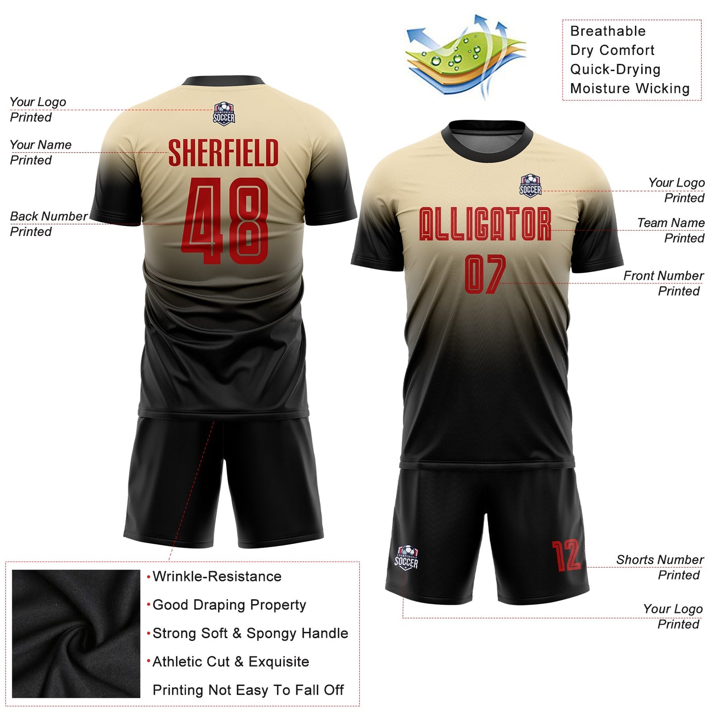 Custom Cream Red-Black Sublimation Fade Fashion Soccer Uniform Jersey Limited