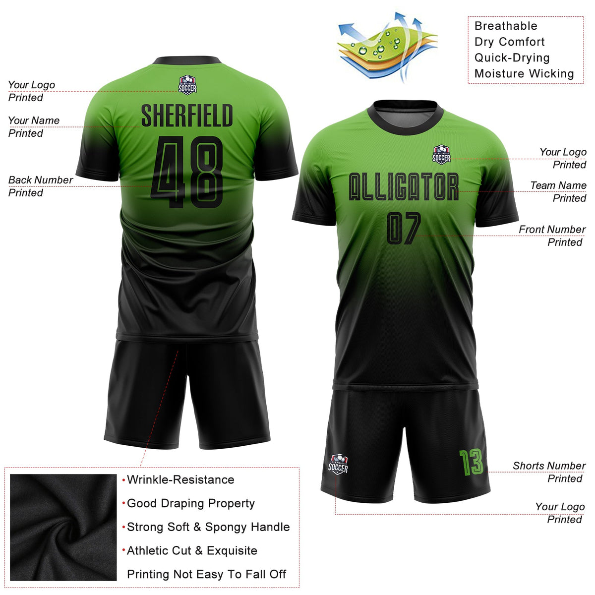 Custom Neon Green Black Sublimation Fade Fashion Soccer Uniform Jersey Limited